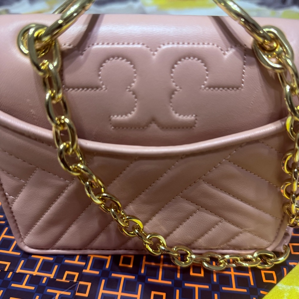 Tory Burch Blush Quilted Leather Shoulder Bag with Gold Chain